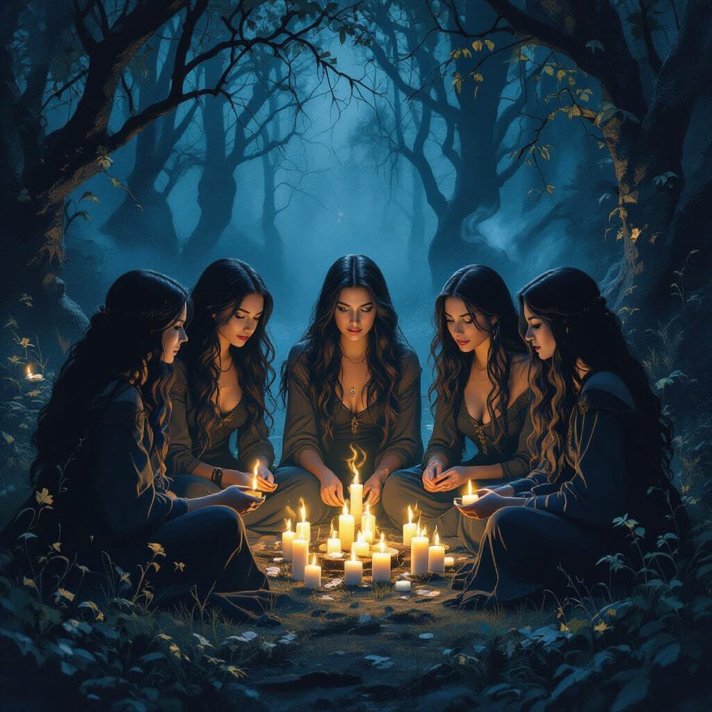 Circle of women holding candles in dim light