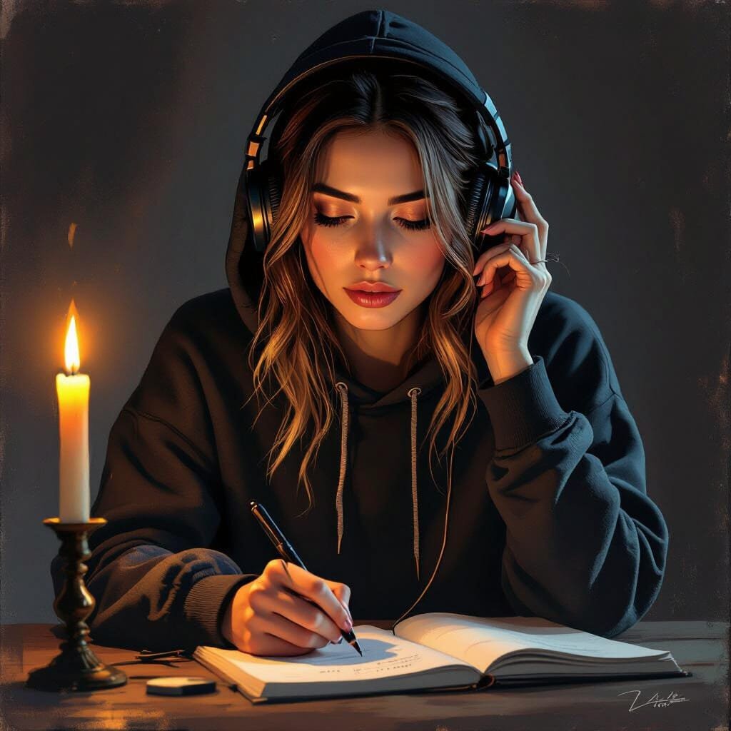 Woman listening with headphones near candle and journal